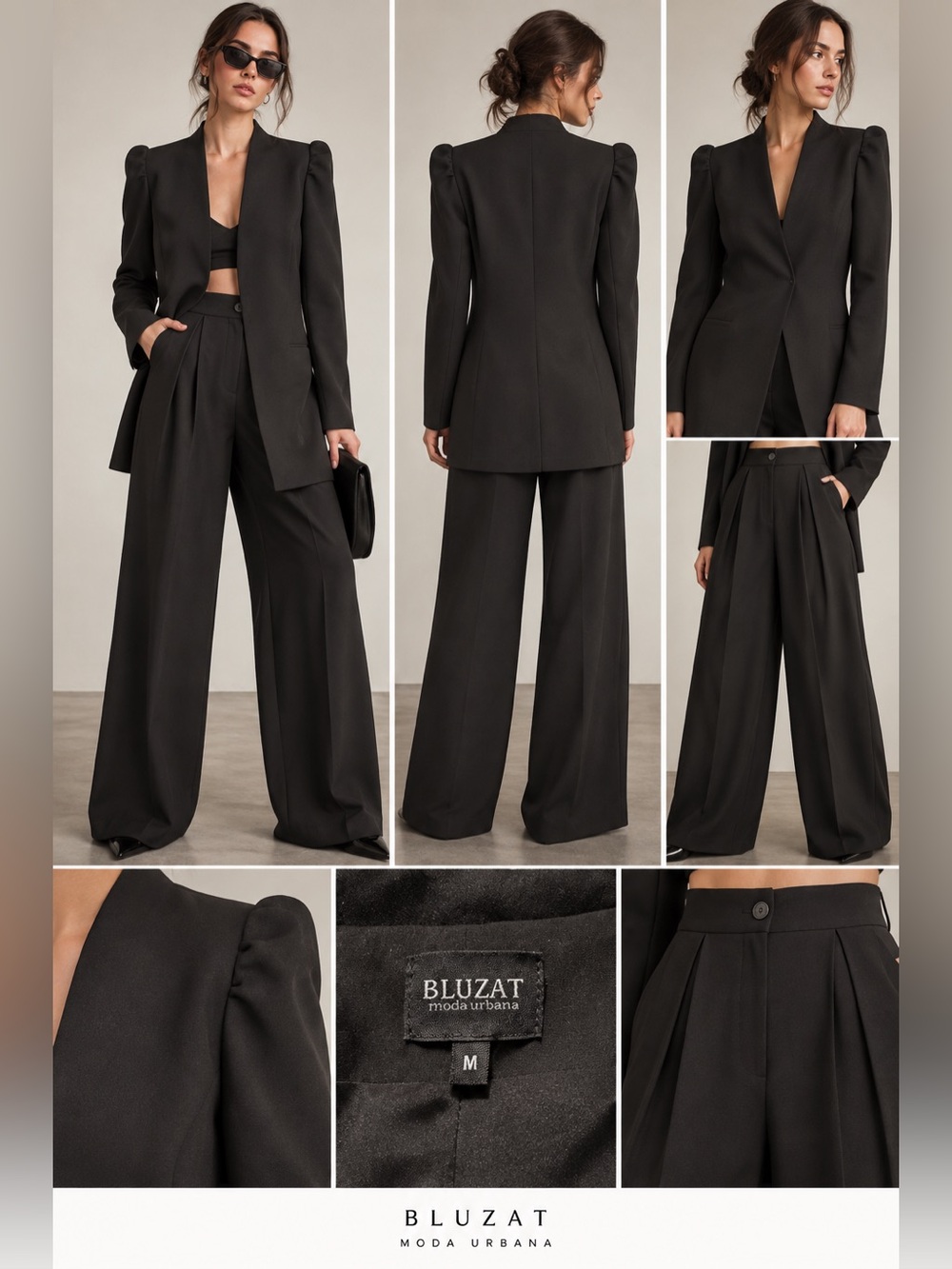 BLUZAT Black Puff Shoulder Long Blazer High Waist Trouser Suit M